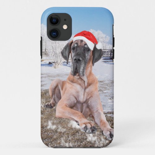 Cute Great Dane Dog Sitting In Snow Christmas Hat iPhone 11 Case