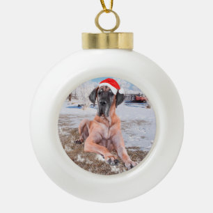 Cute Great Dane Dog Sitting In Snow Christmas Hat Ceramic Ball Christmas Ornament