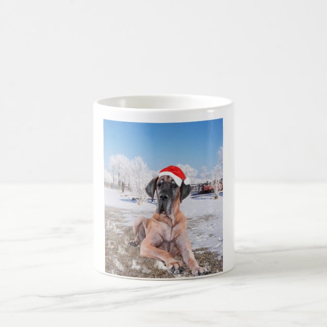 Cute Great Dane Dog Sitting In Snow Christmas Hat Coffee Mug (Center)