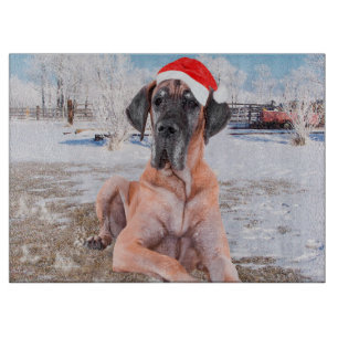 Cute Great Dane Dog Sitting In Snow Christmas Hat Cutting Board