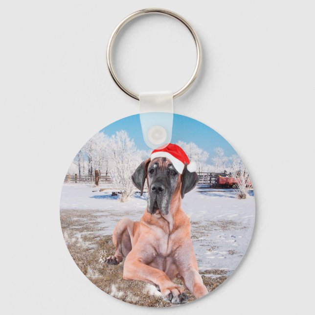 Cute Great Dane Dog Sitting In Snow Christmas Hat Keychain (Front)