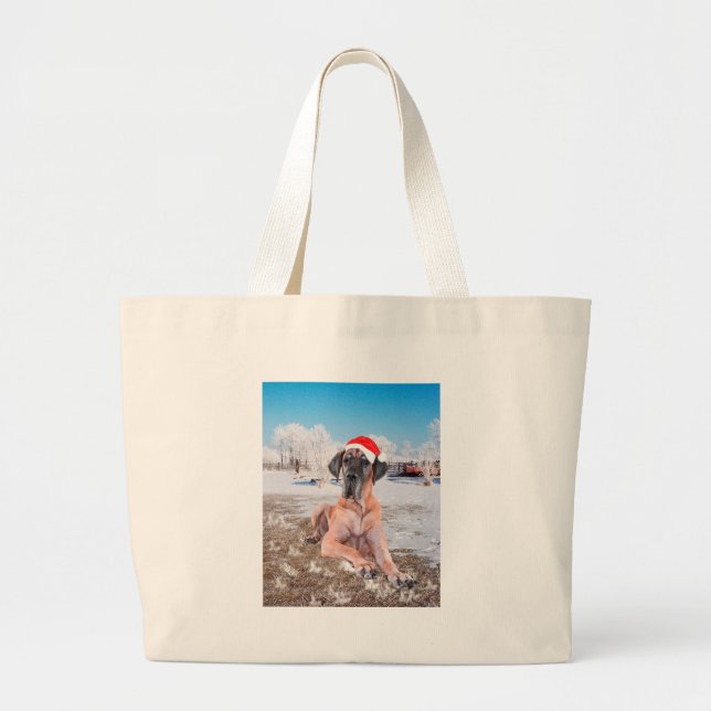 Cute Great Dane Dog Sitting In Snow Christmas Hat Large Tote Bag (Front)