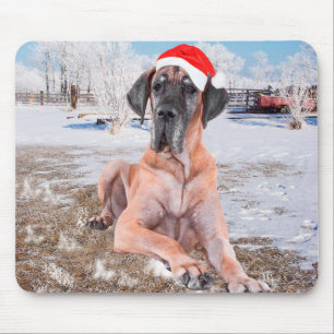 Cute Great Dane Dog Sitting In Snow Christmas Hat Mouse Pad