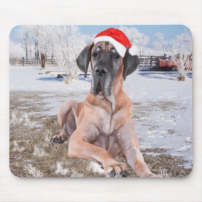 Cute Great Dane Dog Sitting In Snow Christmas Hat Mouse Pad (Front)