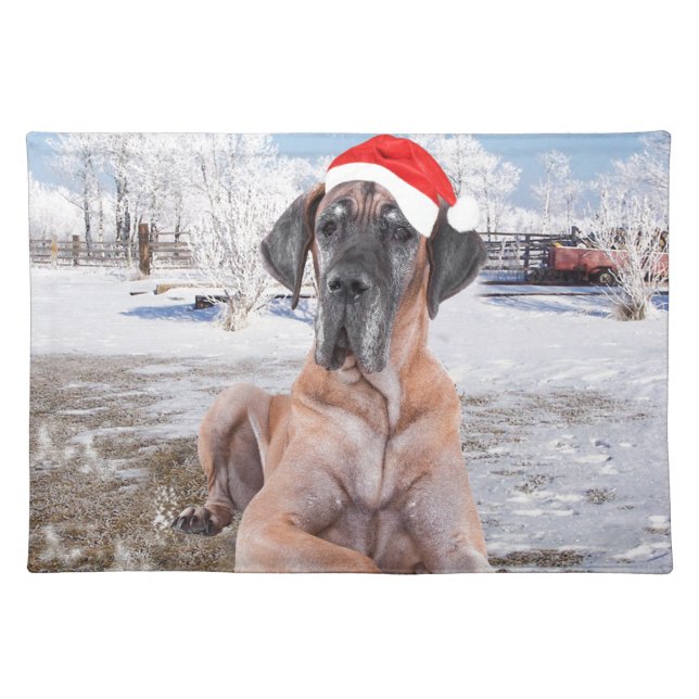 Cute Great Dane Dog Sitting In Snow Christmas Hat Placemat (Front)