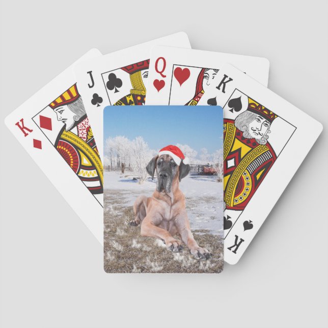 Cute Great Dane Dog Sitting In Snow Christmas Hat Poker Cards (Back)