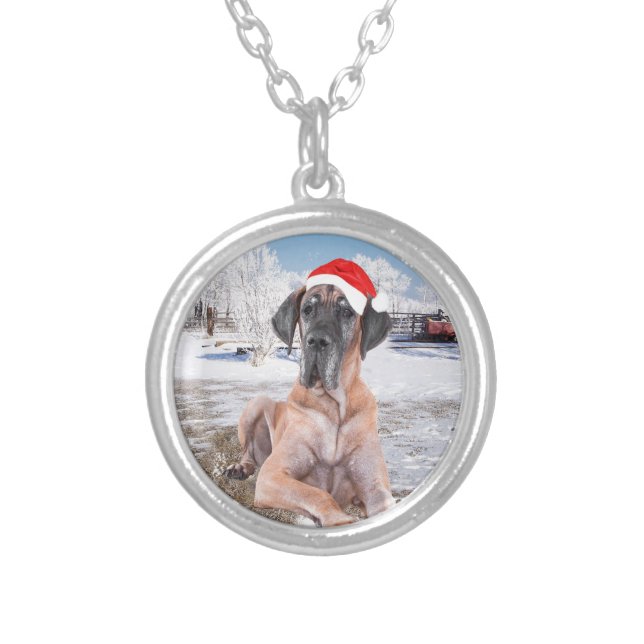 Cute Great Dane Dog Sitting In Snow Christmas Hat Silver Plated Necklace (Front)