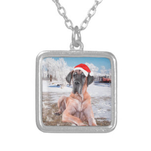 Cute Great Dane Dog Sitting In Snow Christmas Hat Silver Plated Necklace