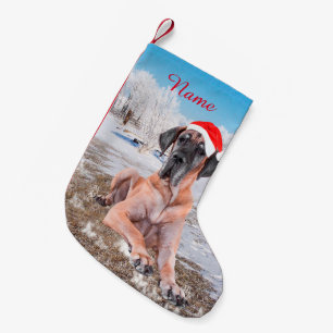 Cute Great Dane Dog Sitting In Snow Christmas Hat Small Christmas Stocking