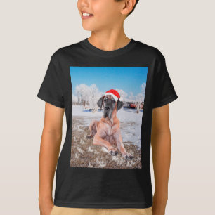 Cute Great Dane Dog Sitting In Snow Christmas Hat T-Shirt