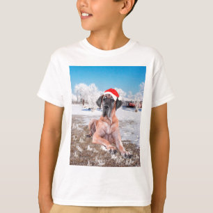 Cute Great Dane Dog Sitting In Snow Christmas Hat T-Shirt