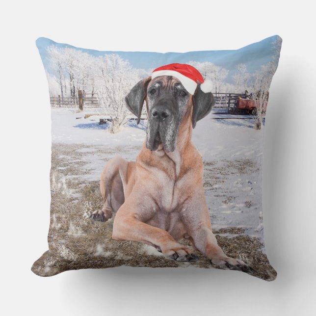 Cute Great Dane Dog Sitting In Snow Christmas Hat Throw Pillow (Front)