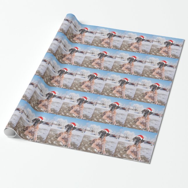 Cute Great Dane Dog Sitting In Snow Christmas Hat Wrapping Paper (Unrolled)