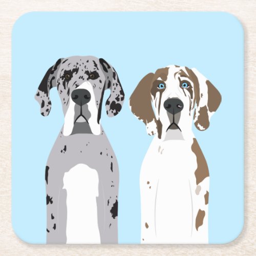 Cute Great Dane Dogs Blue Square Paper Coaster