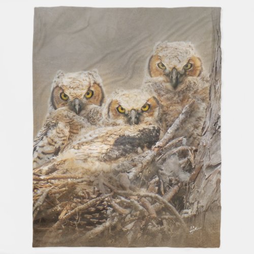 Cute Great Horned Baby Owls Wildlife Photography Fleece Blanket