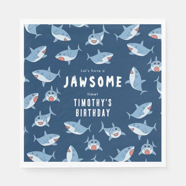 Cute Great White Sharks Ocean Birthday Party Napkins (Front)