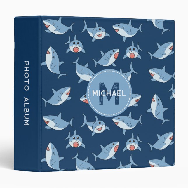 Cute Great White Sharks Ocean Monogram Album 3 Ring Binder (Front/Spine)