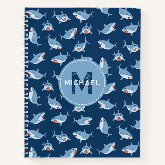 Cute Great White Sharks Ocean Monogram Kids Notebook (Front)