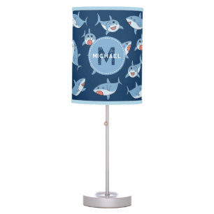 Cute Great White Sharks Ocean Monogram Kids Table Lamp