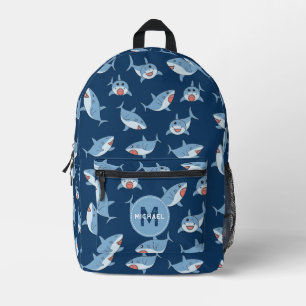Cute Great White Sharks Ocean Monogram School Printed Backpack