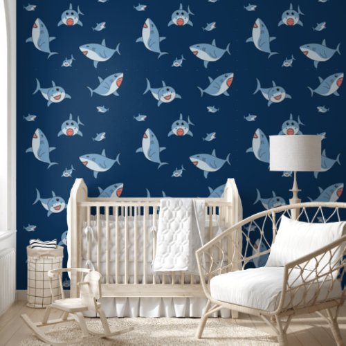 Cute Great White Sharks Ocean Pattern Boys Wallpaper