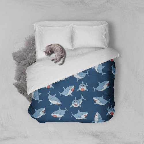 Cute Great White Sharks Ocean Pattern Duvet Cover