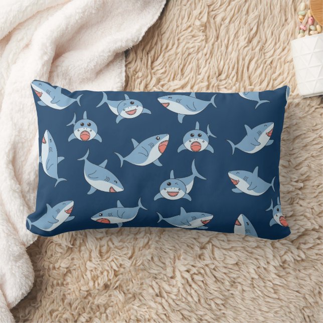 Cute Great White Sharks Ocean Pattern Lumbar Pillow (Blanket)