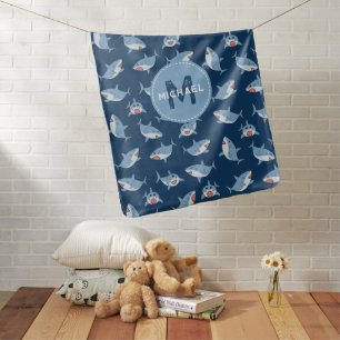 Cute Great White Sharks Ocean Pattern Monogram Baby Blanket