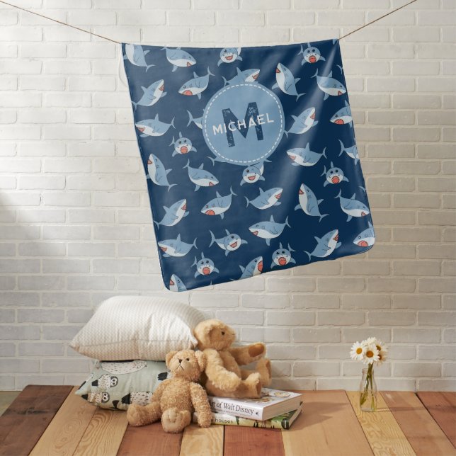Cute Great White Sharks Ocean Pattern Monogram Baby Blanket (In Situ)