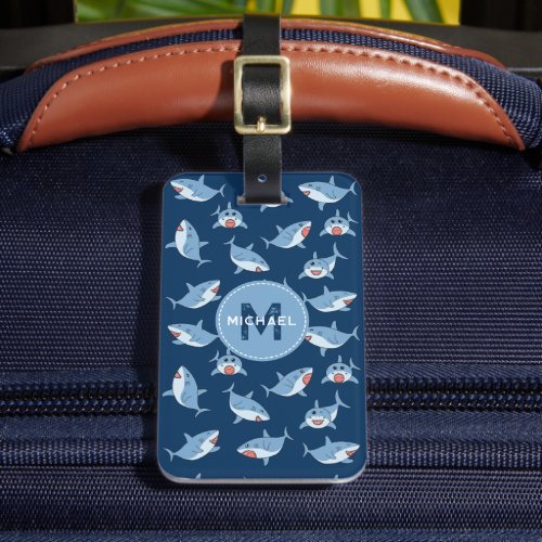 Cute Great White Sharks Ocean Pattern Monogram Luggage Tag
