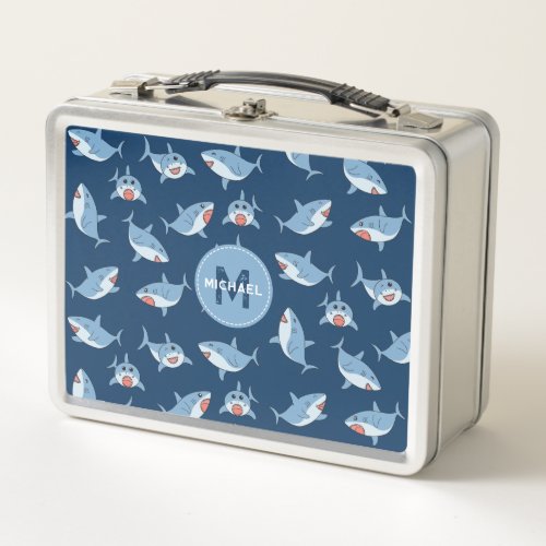 Cute Great White Sharks Ocean Pattern Monogram Metal Lunch Box