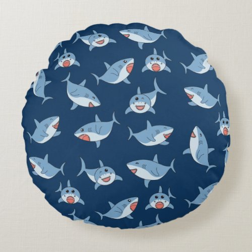 Cute Great White Sharks Ocean Pattern Round Pillow