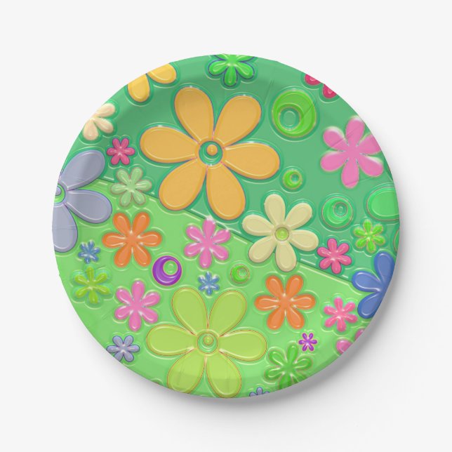 Cute Green 60s Flowers Paper Plates (Front)