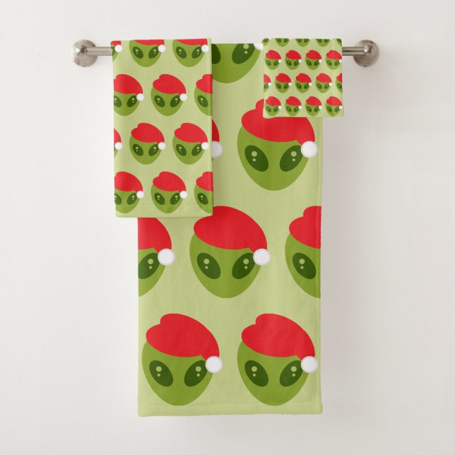 Cute Green Alien in Santa Hat Pattern Bath Towel Set (Insitu)