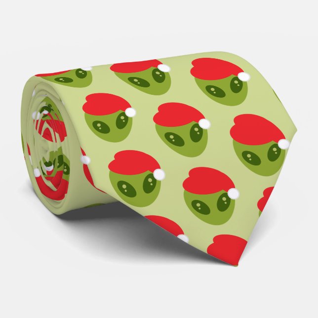 Cute Green Alien in Santa Hat Pattern Neck Tie (Rolled)