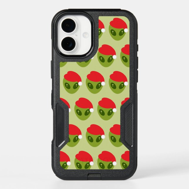 Cute Green Alien in Santa Hat Pattern Otterbox iPhone Case (Back)