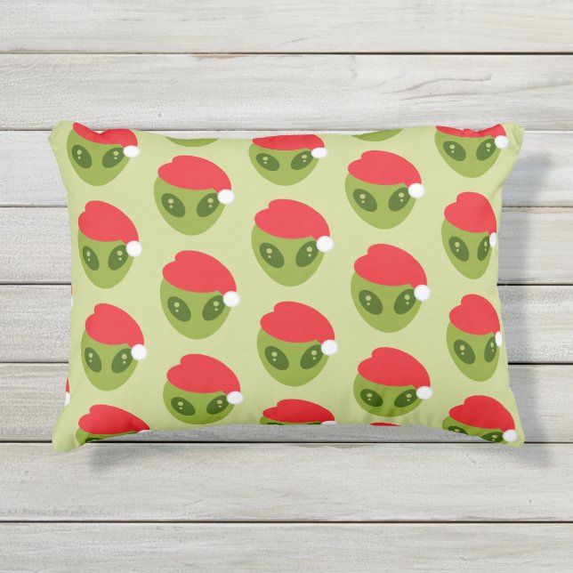 Cute Green Alien in Santa Hat Pattern Outdoor Pillow (Front)