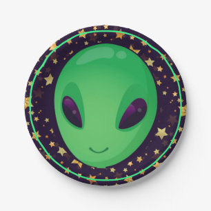 Cute Green Alien On Gold Stars Fun Paper Plates