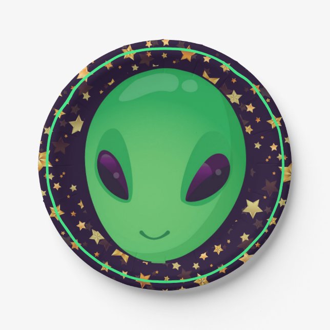 Cute Green Alien On Gold Stars Fun Paper Plates (Front)