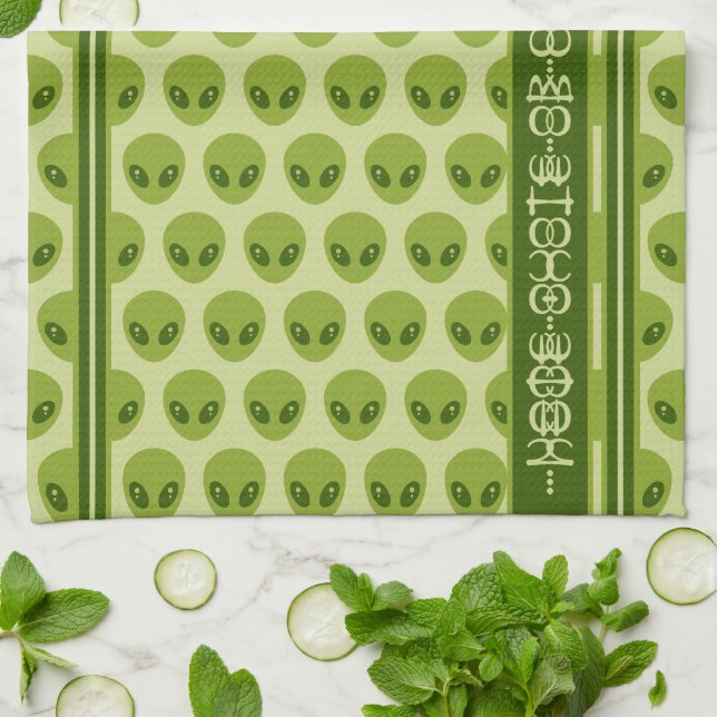 Cute Green Alien Pattern with Your Name in Glyphs Kitchen Towel (Folded)