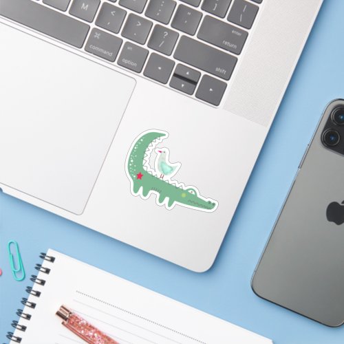 Cute Green Alligator with Seagull on Back Laptop Sticker