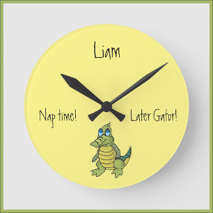 Cute Green Alligator Yellow Round Clock