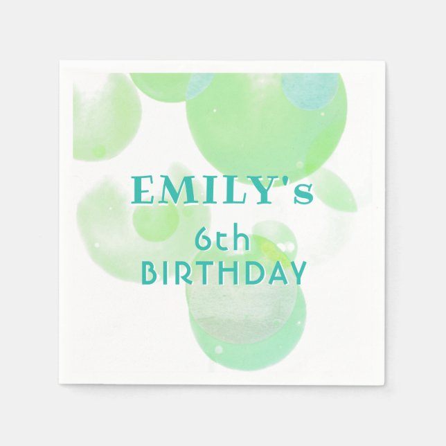 Cute Green and Blue Bubbles Birthday Party Napkins (Front)
