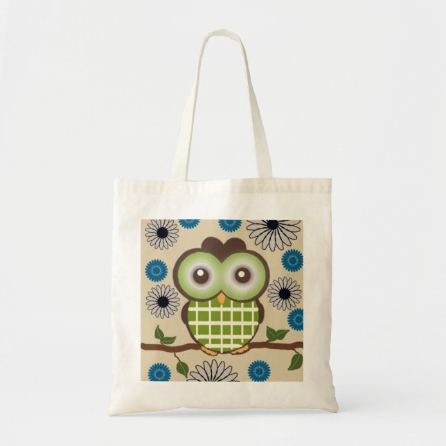 Cute Green and Brown Owl Tote Bag (Front)