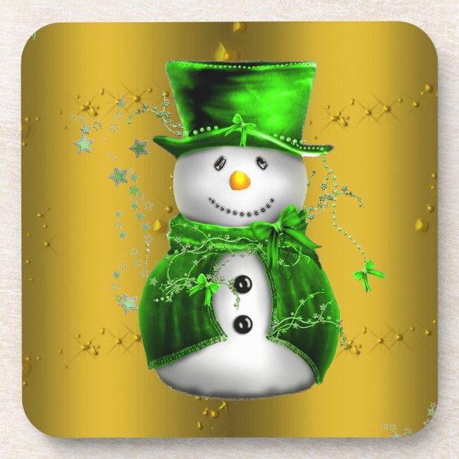 Cute Green and Gold Snowman Christmas Beverage Coaster (Front)