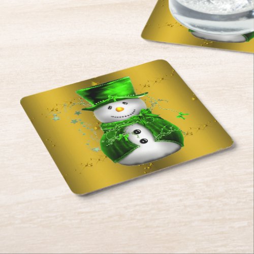 Cute Green and Gold Snowman Christmas Square Paper Coaster