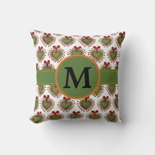 Cute Green and Orange Red Hearts on White Monogram Throw Pillow