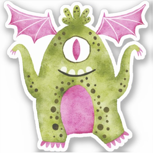 Cute Green and Pink One Eyed Monster with Wings Sticker