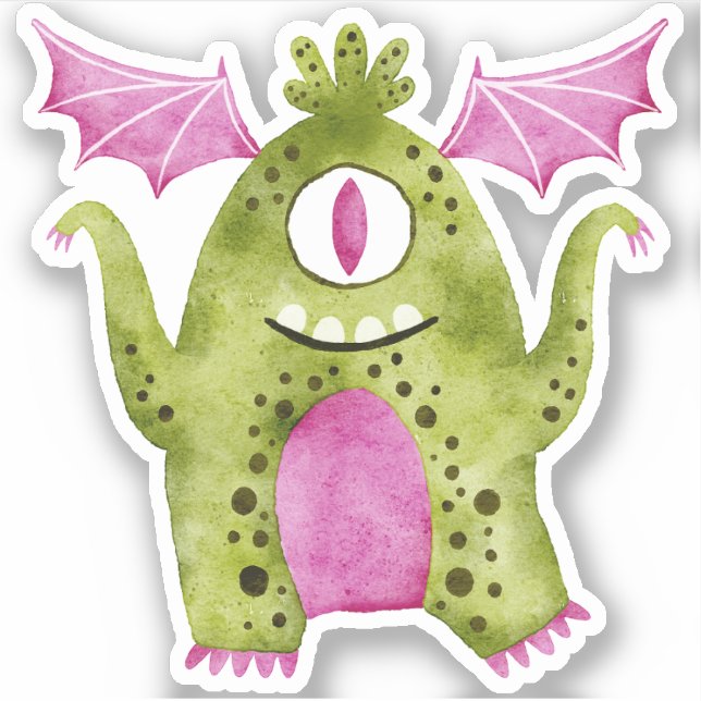 Cute Green and Pink One Eyed Monster with Wings Sticker (Front)