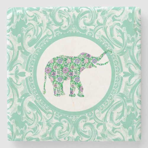 Cute Green And Purple Floral Elephant Stone Coaster